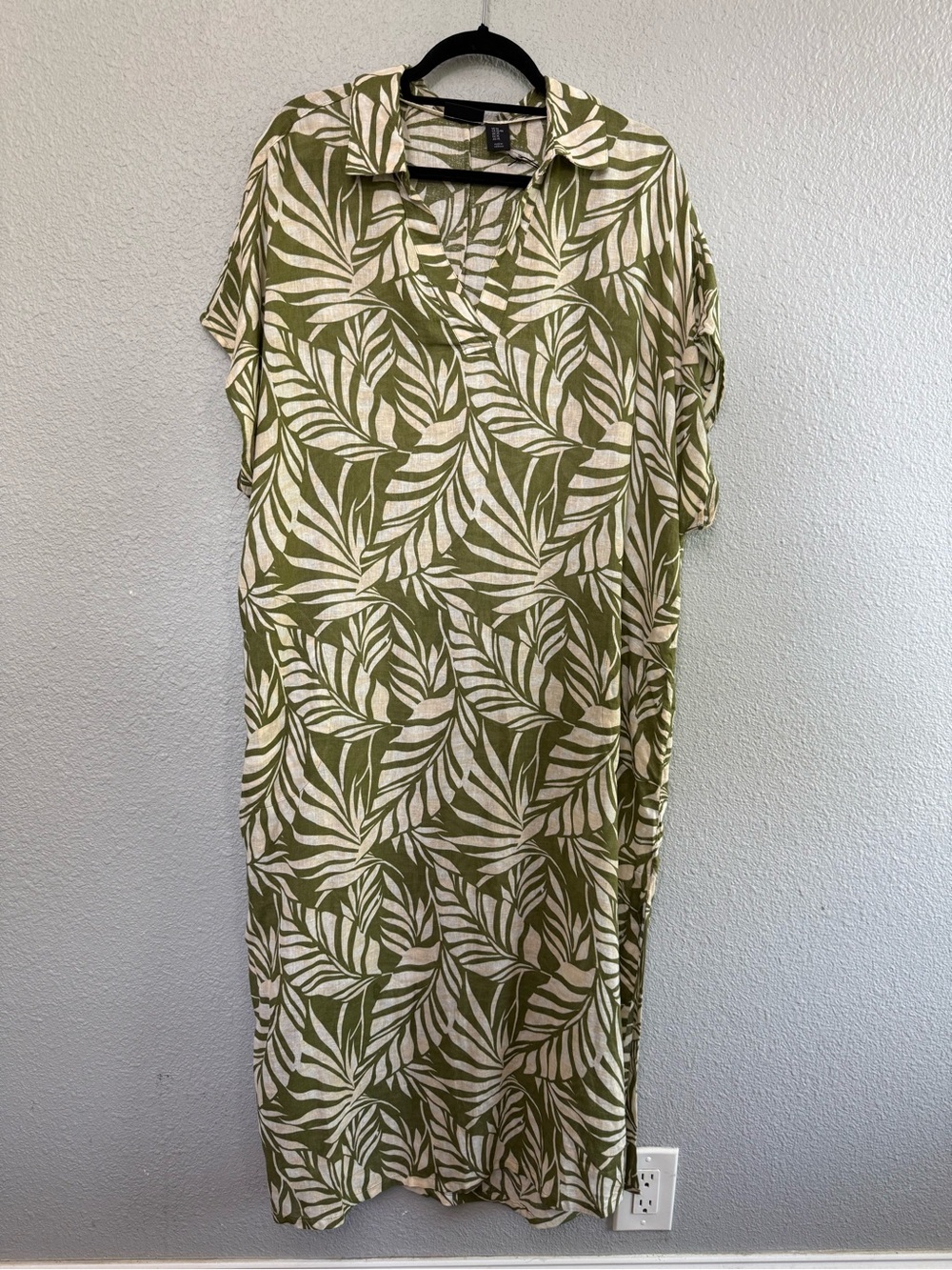 NWT Tahari Linen Blend Palm Print Maxi Dress Size XL Pockets Side Slit